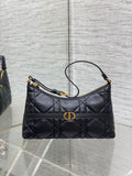 Dior Miss Caro mini hobo shoulder bag in black Macrocannage lambskin with a gold-finish metal CD signature and chain strap.