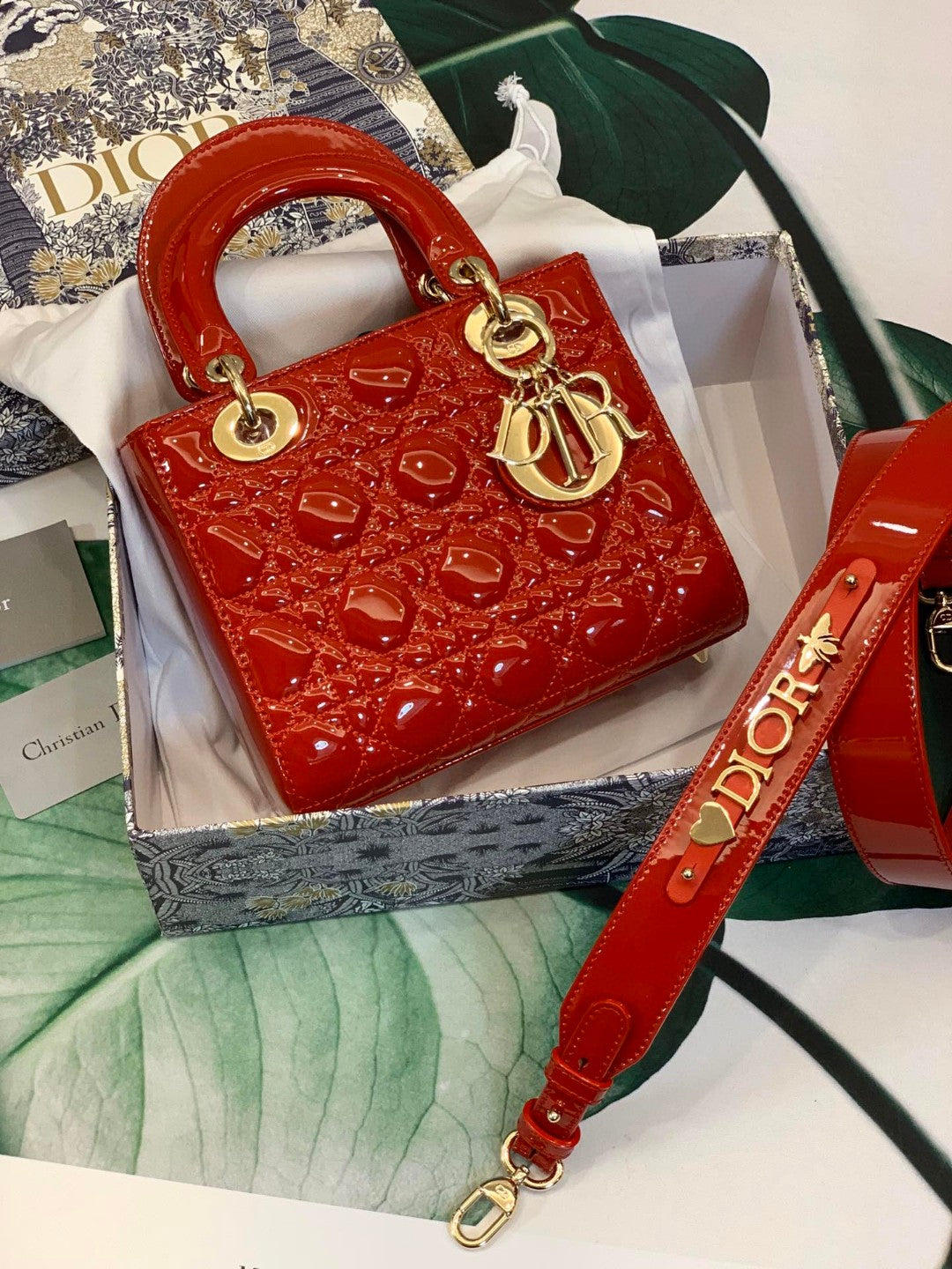 Lady Dior bag in cherry red patent calfskin
