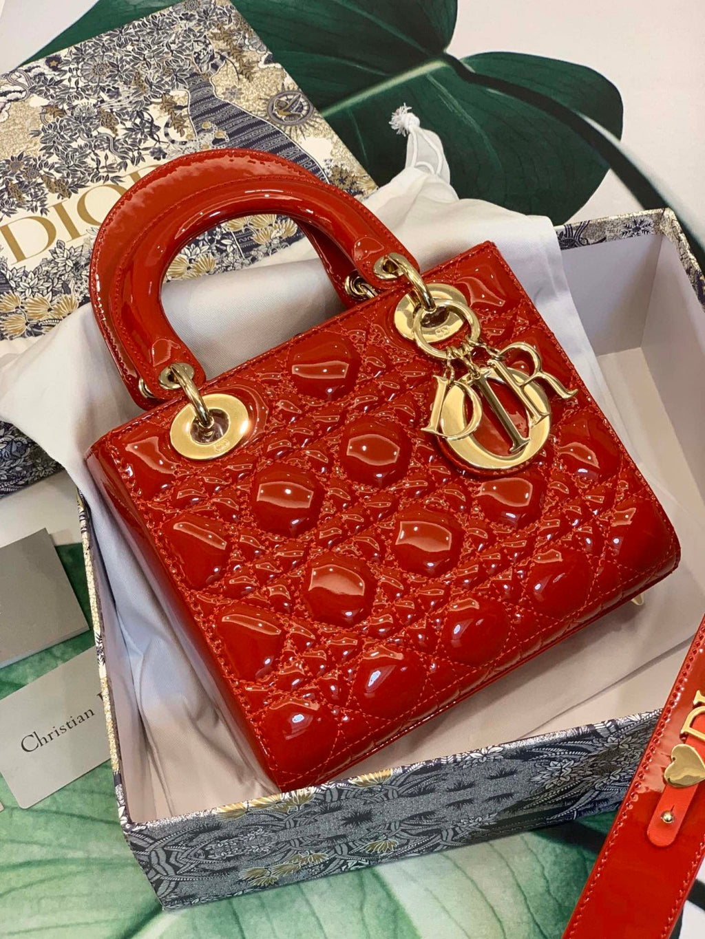 Lady Dior bag in cherry red patent calfskin