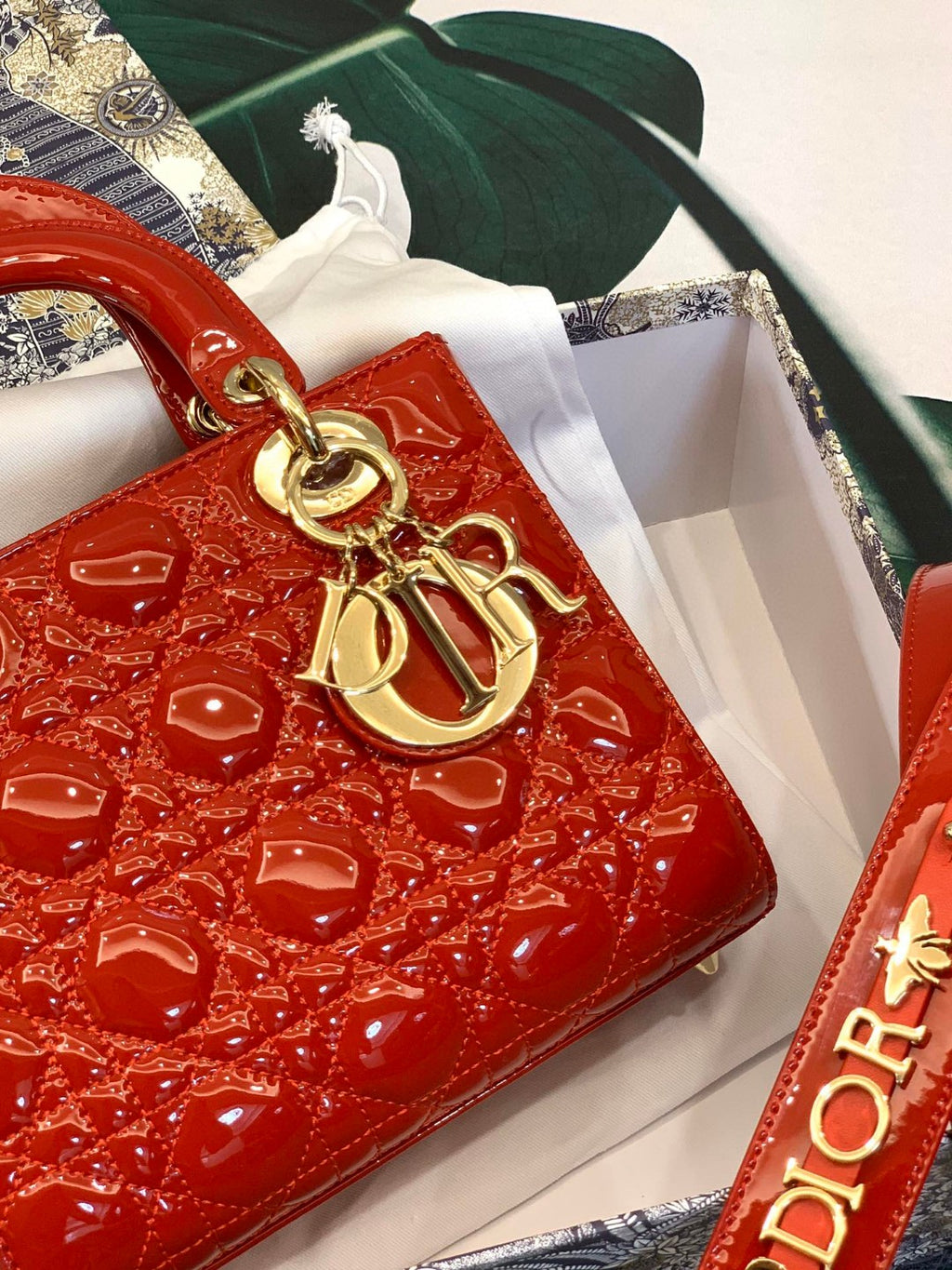 Lady Dior bag in cherry red patent calfskin