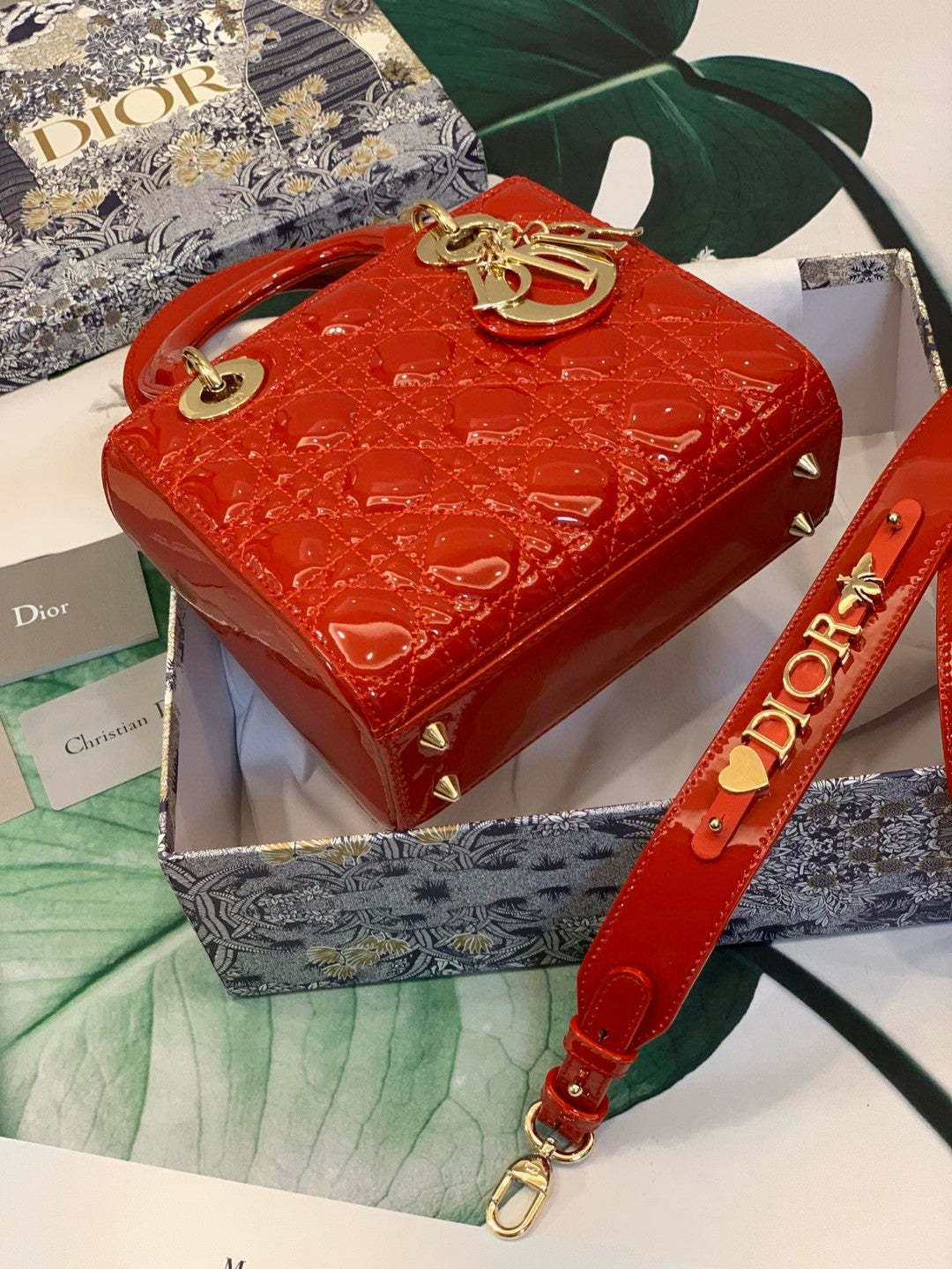 Lady Dior bag in cherry red patent calfskin