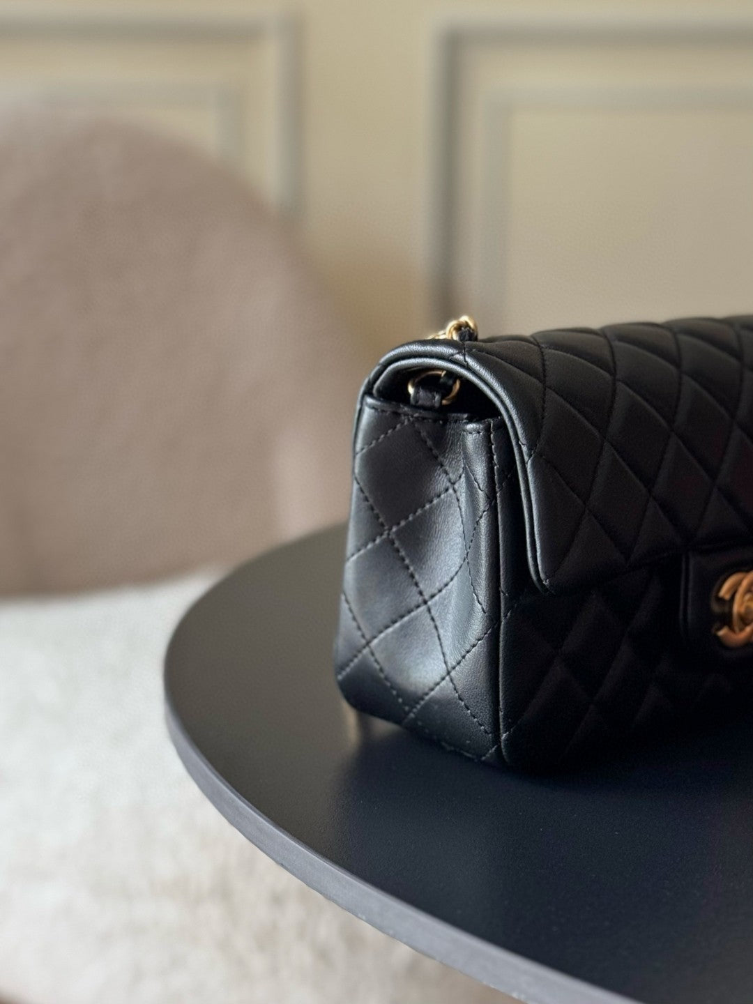 Chanel Small Rectangular Pearl Crush Flap bag in black lambskin leather with gold-tone hardware