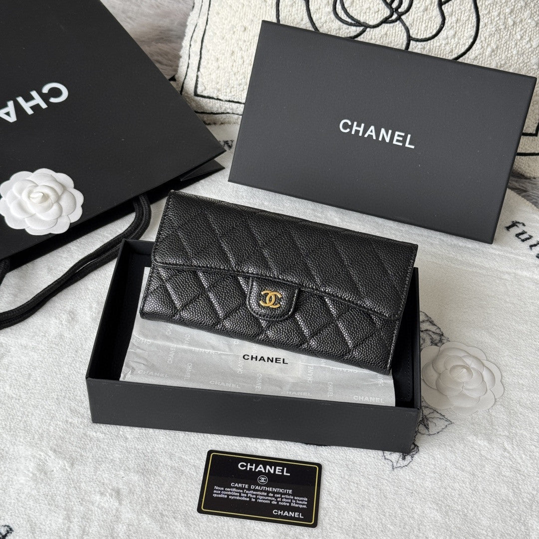 Chanel Classic Long Flap Wallet in black caviar leather with gold-tone hardware