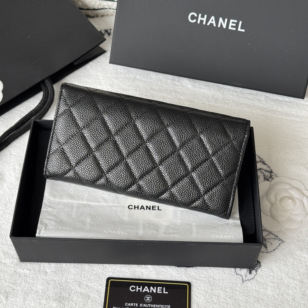 Chanel Classic Long Flap Wallet in black caviar leather with gold-tone hardware