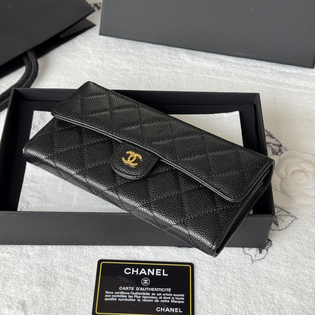 Chanel Classic Long Flap Wallet in black caviar leather with gold-tone hardware