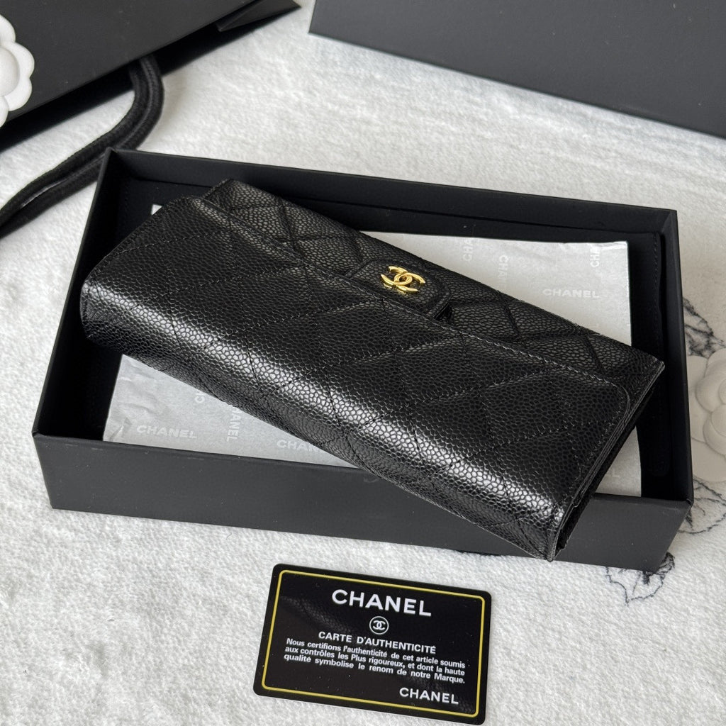Chanel Classic Long Flap Wallet in black caviar leather with gold-tone hardware