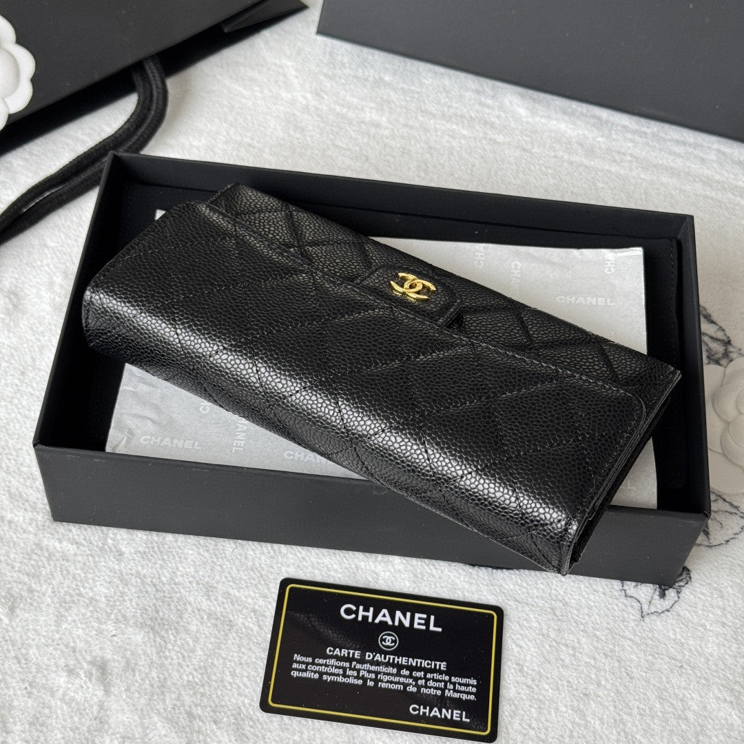 Chanel Classic Long Flap Wallet in black caviar leather with gold-tone hardware