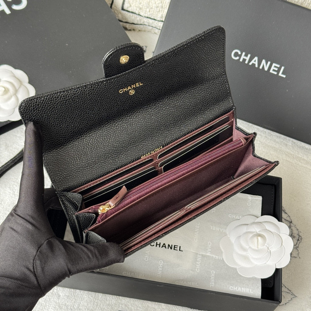 Chanel Classic Long Flap Wallet in black caviar leather with gold-tone hardware