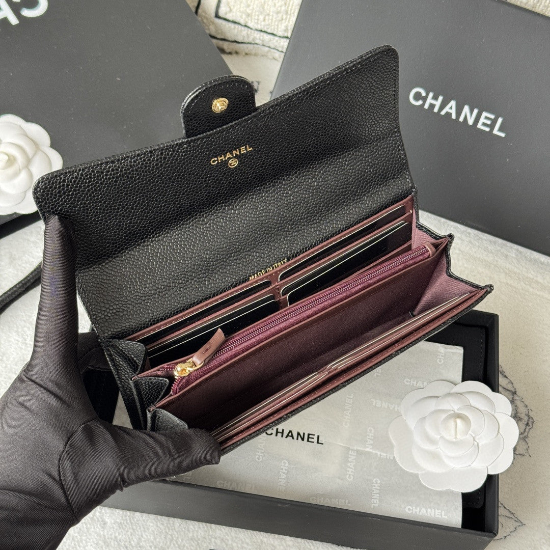 Chanel Classic Long Flap Wallet in black caviar leather with gold-tone hardware