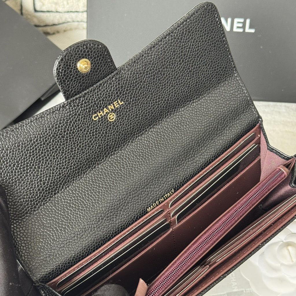 Chanel Classic Long Flap Wallet in black caviar leather with gold-tone hardware