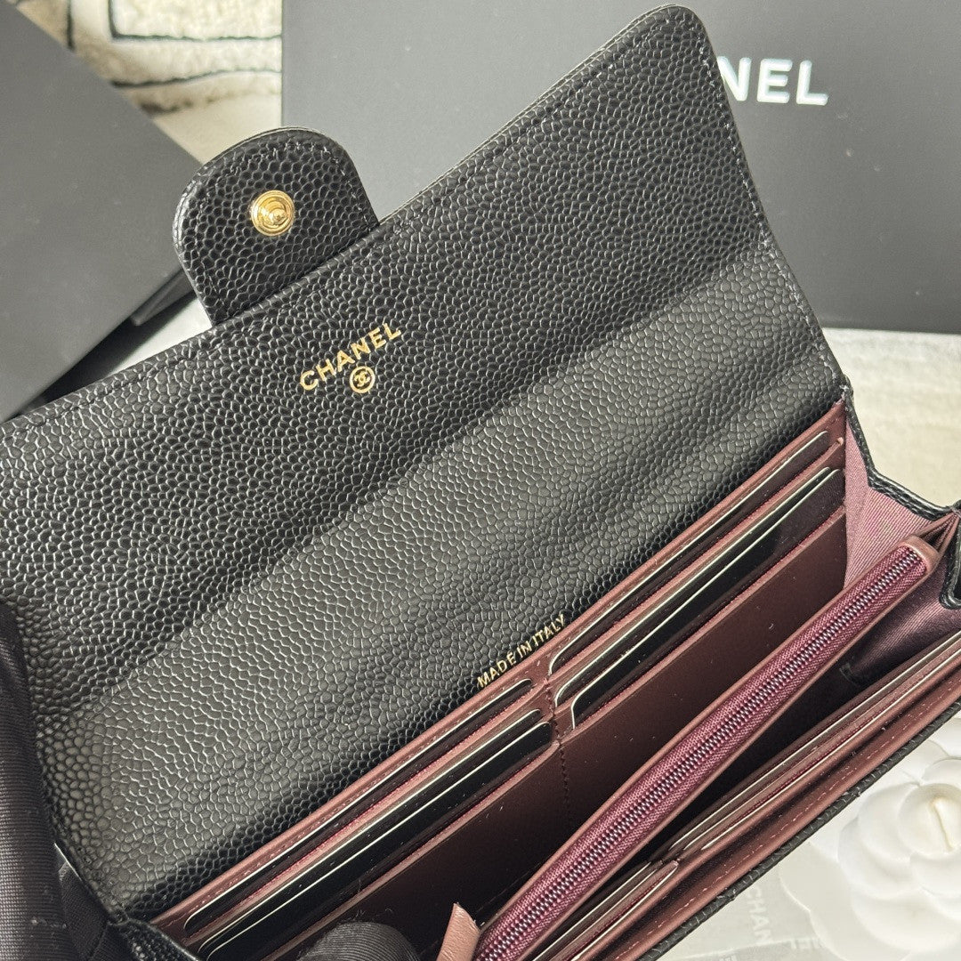 Chanel Classic Long Flap Wallet in black caviar leather with gold-tone hardware