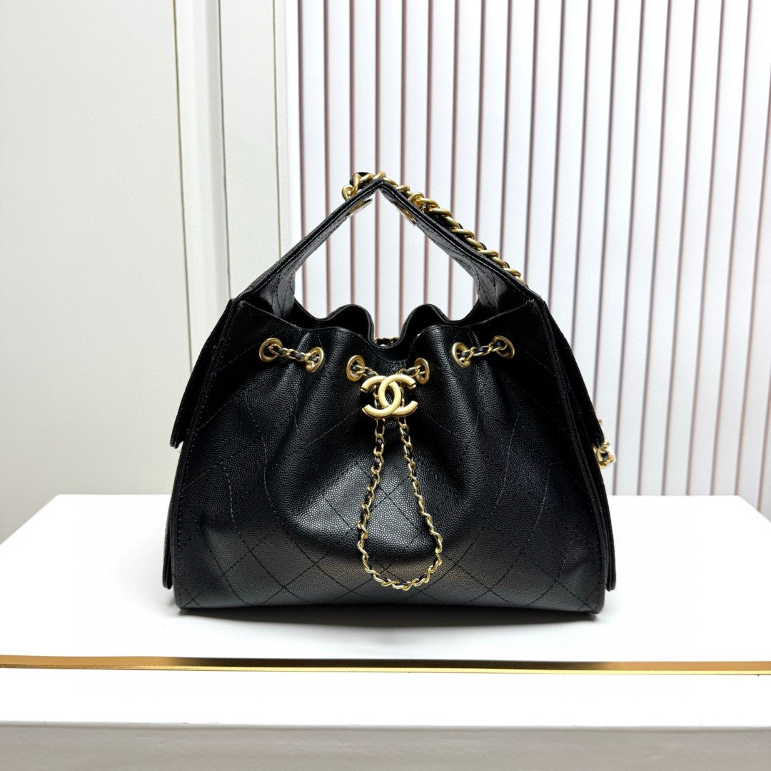 Chanel 25 Small Hobo Bag in black caviar leather with antique gold-tone hardware