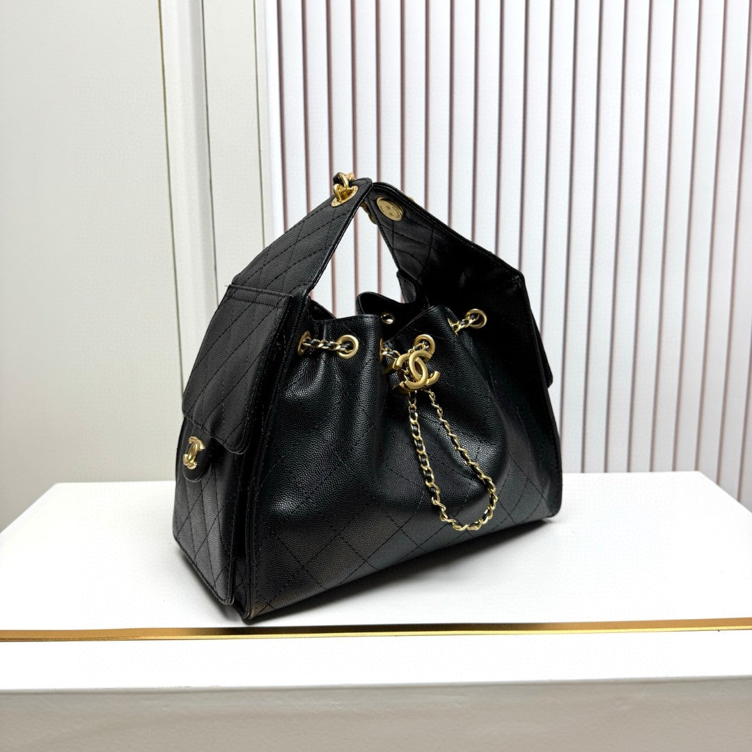 Chanel 25 Small Hobo Bag in black caviar leather with antique gold-tone hardware