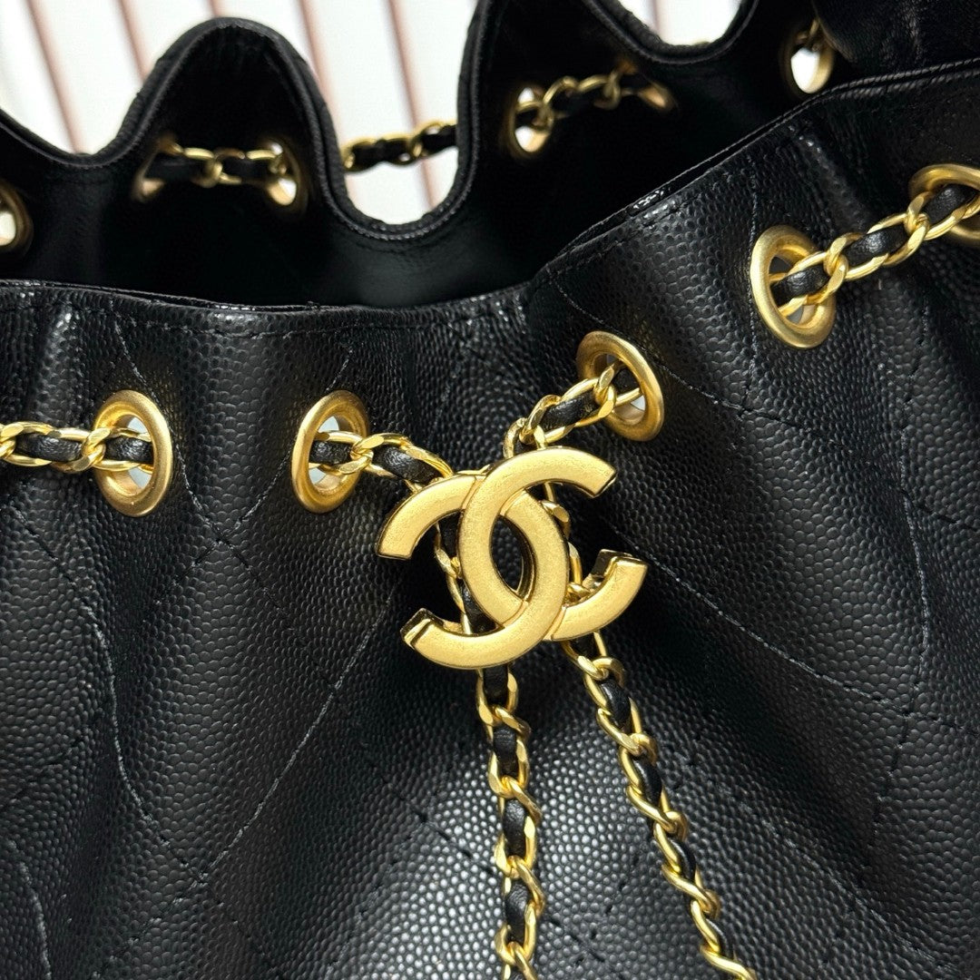Chanel 25 Small Hobo Bag in black caviar leather with antique gold-tone hardware