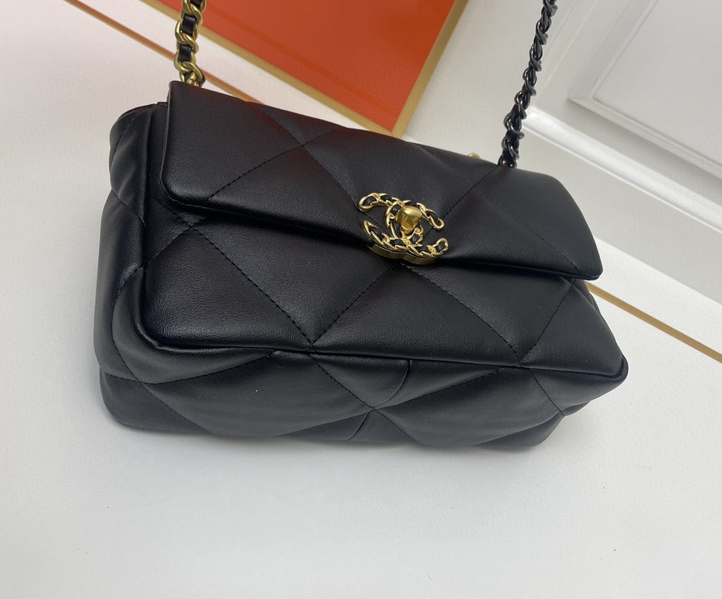 black Chanel 19 flap bag in lambskin with gold-tone
