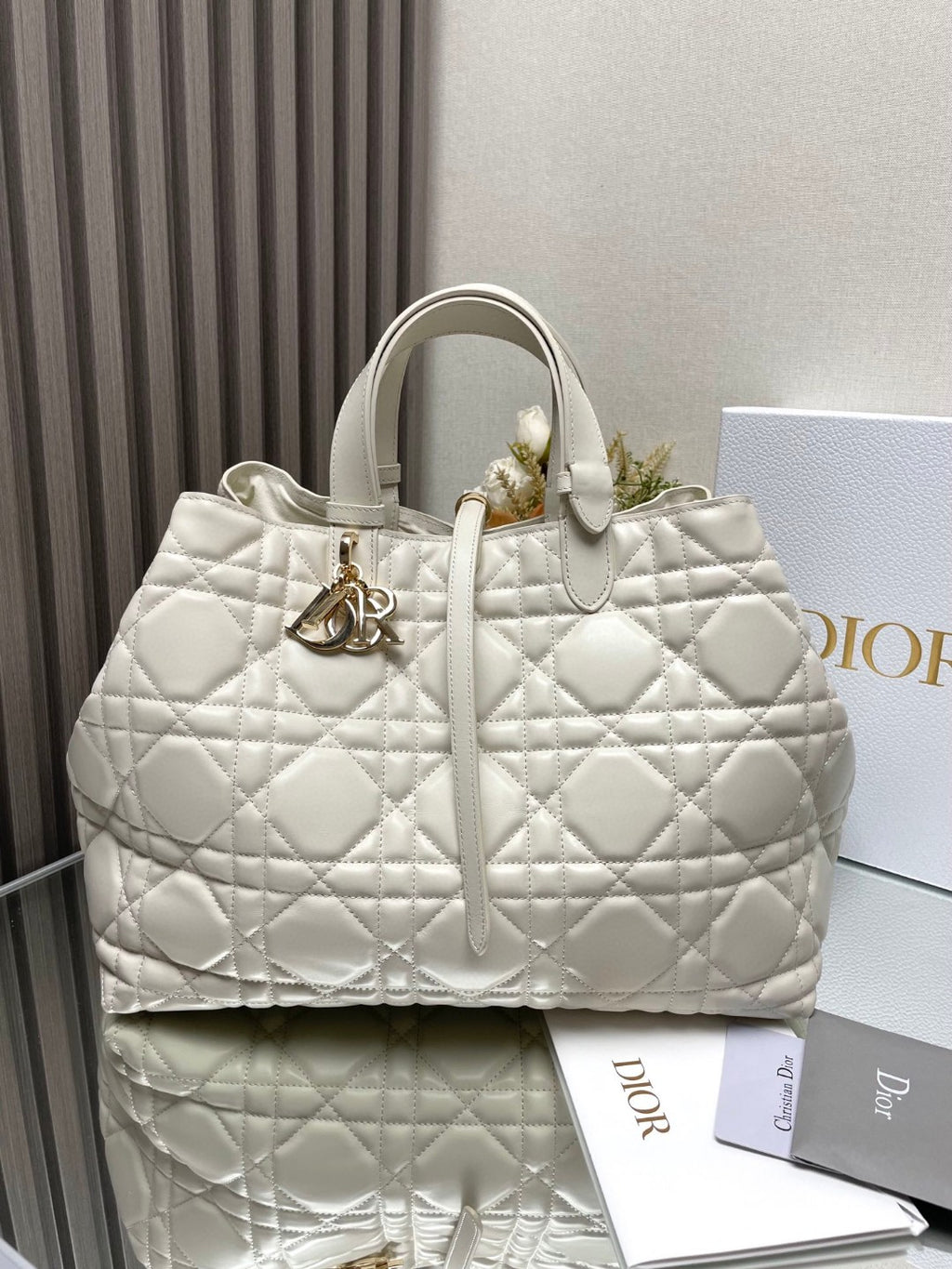 Large Dior Toujours Bag Powder Beige Macrocannage Calfskin