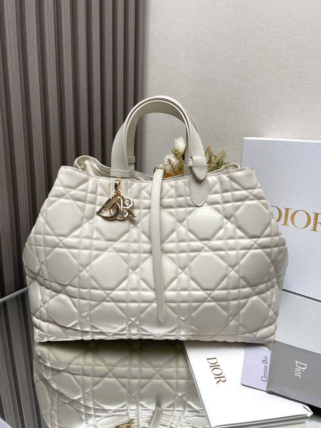 Large Dior Toujours Bag Powder Beige Macrocannage Calfskin