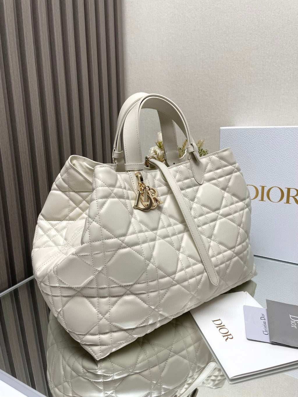 Large Dior Toujours Bag Powder Beige Macrocannage Calfskin