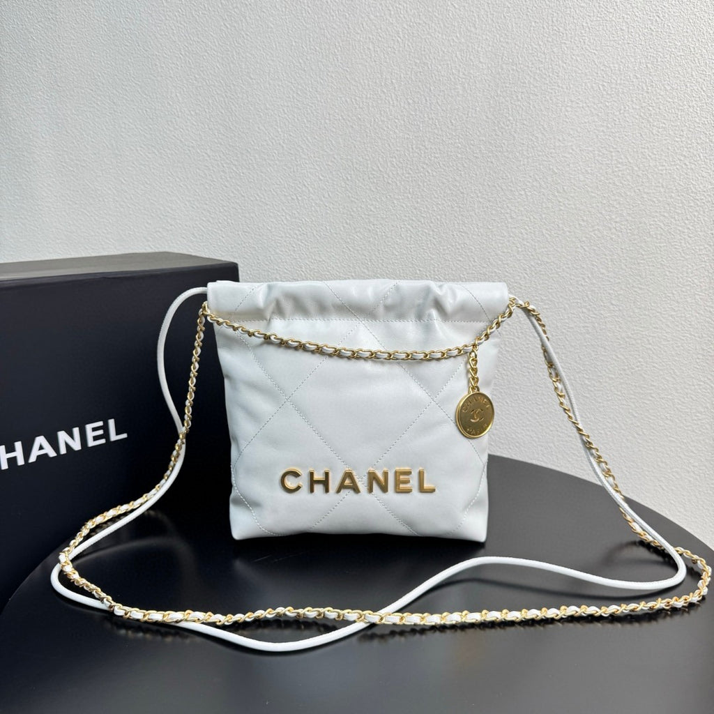 Chanel Mini 22 Hobo bag in white calfskin leather with gold-tone hardware