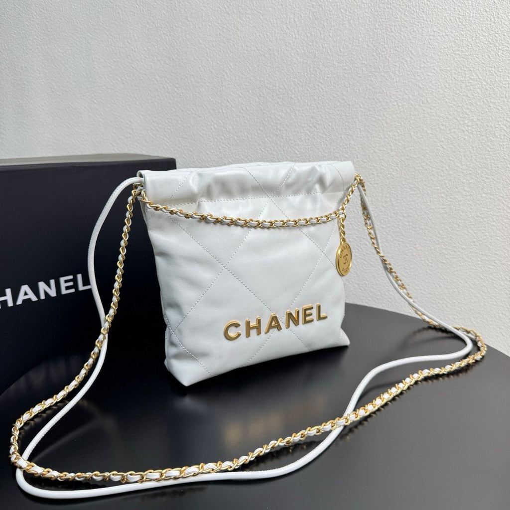 Chanel Mini 22 Hobo bag in white calfskin leather with gold-tone hardware