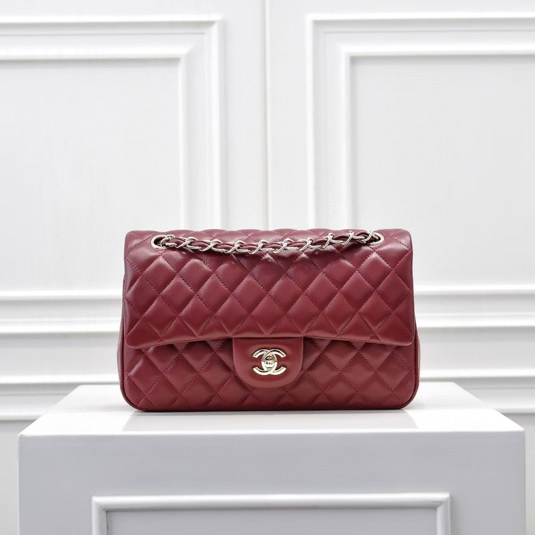 Chanel Classic Double Flap bag in burgundy lambskin leather with silver-tone hardware