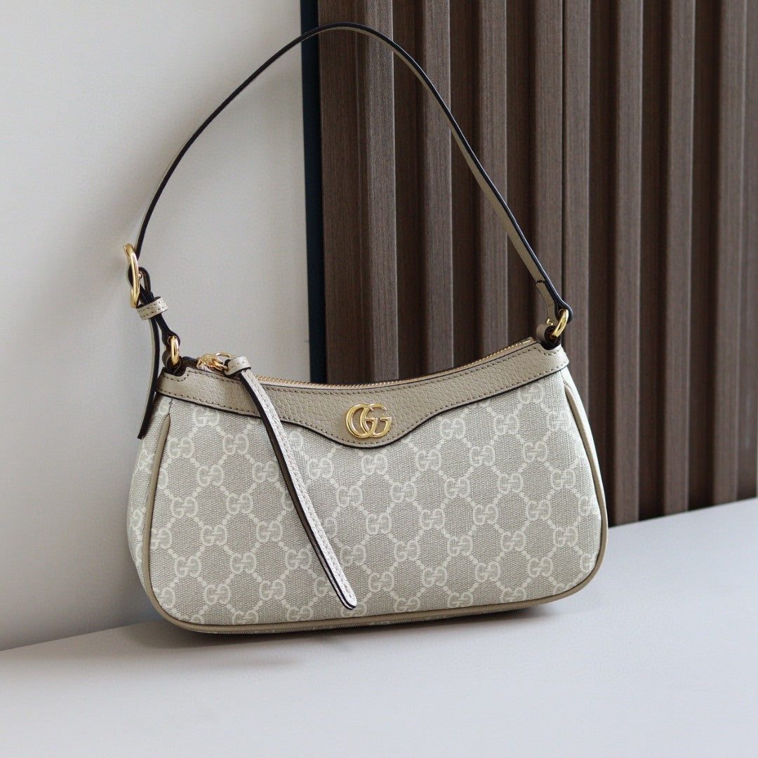 Gucci Ophidia Small GG Supreme shoulder bag in beige and white canvas with leather