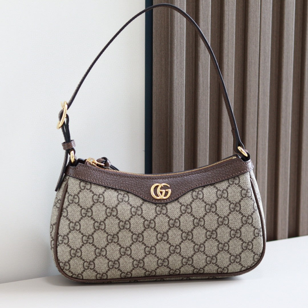 Gucci Ophidia mini bag in beige and ebony GG Supreme canvas with brown leather trim and a gold-toned Double G logo