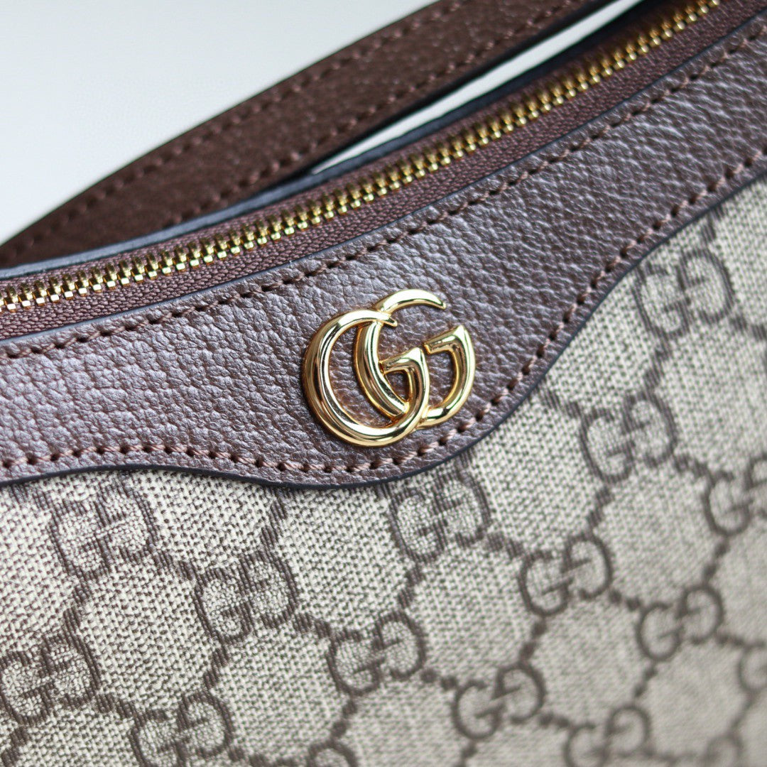 Gucci Ophidia mini bag in beige and ebony GG Supreme canvas with brown leather trim and a gold-toned Double G logo