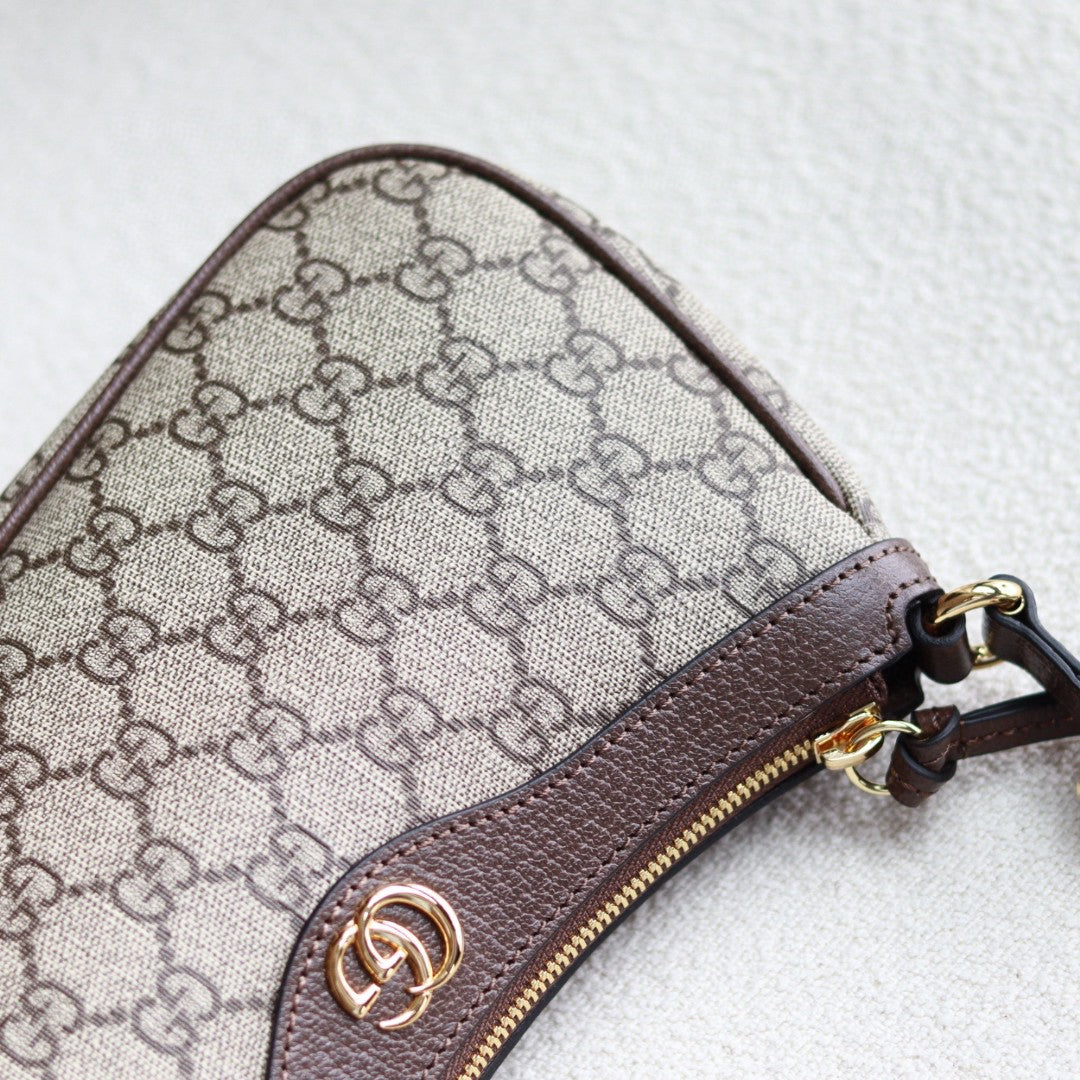 Gucci Ophidia mini bag in beige and ebony GG Supreme canvas with brown leather trim and a gold-toned Double G logo