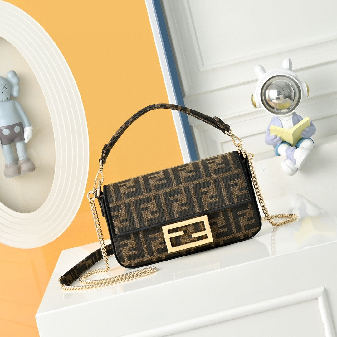 Fendi Baguette Mini brown FF jacquard fabric bag