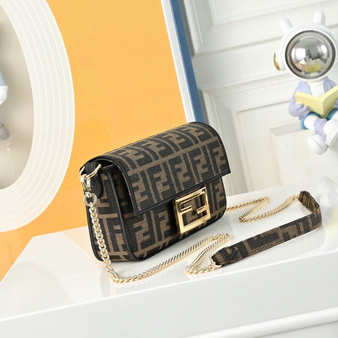 Fendi Baguette Mini brown FF jacquard fabric bag
