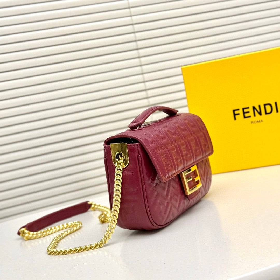Fendi red FF embossed leather Midi Chain Baguette bag
