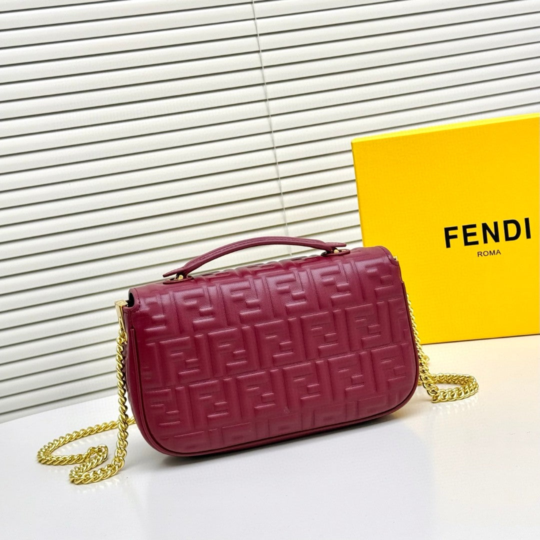 Fendi red FF embossed leather Midi Chain Baguette bag