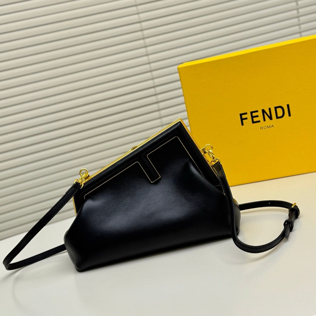 Fendi First Small shoulder bag in black leather with gold-finish metalware