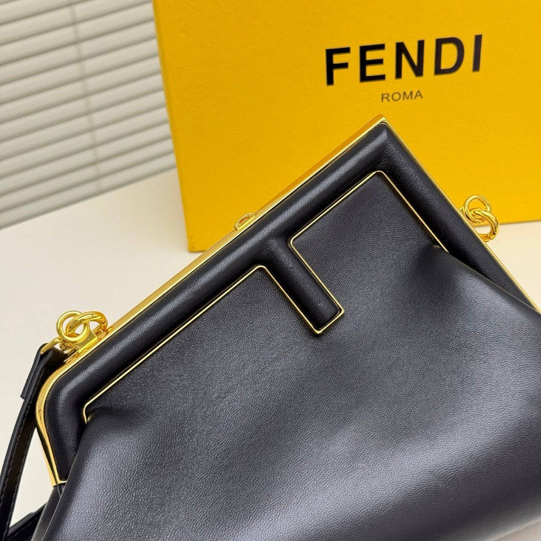 Fendi First Small shoulder bag in black leather with gold-finish metalware