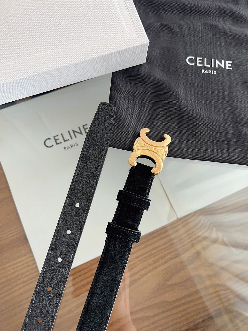 Celine Medium 25mm Triomphe Belt in black taurillon leather with gold finishing