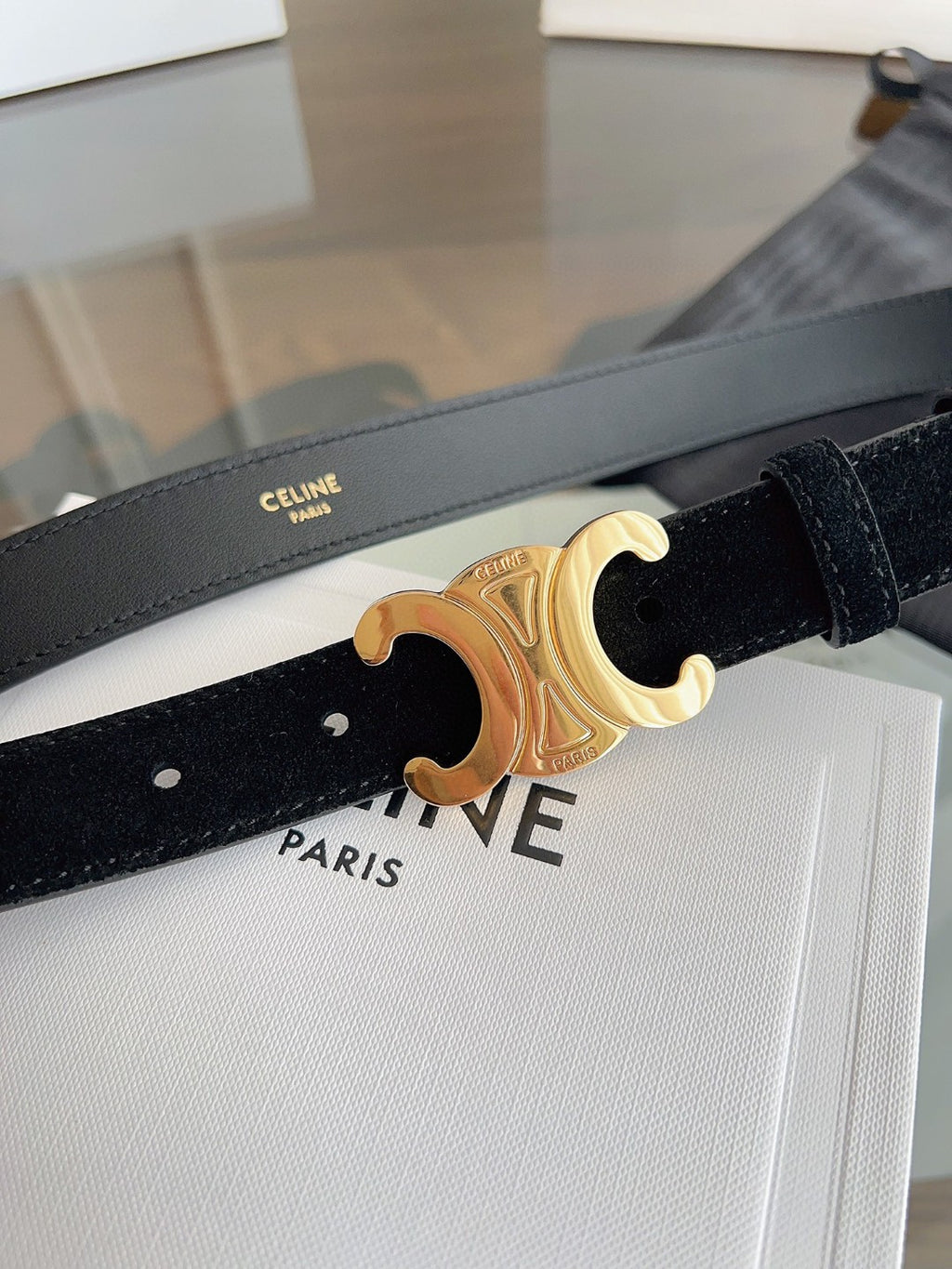 Celine Medium 25mm Triomphe Belt in black taurillon leather with gold finishing