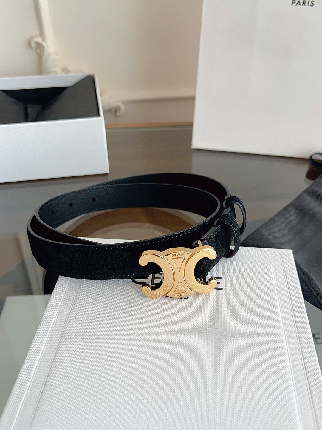 Celine Medium 25mm Triomphe Belt in black taurillon leather with gold finishing