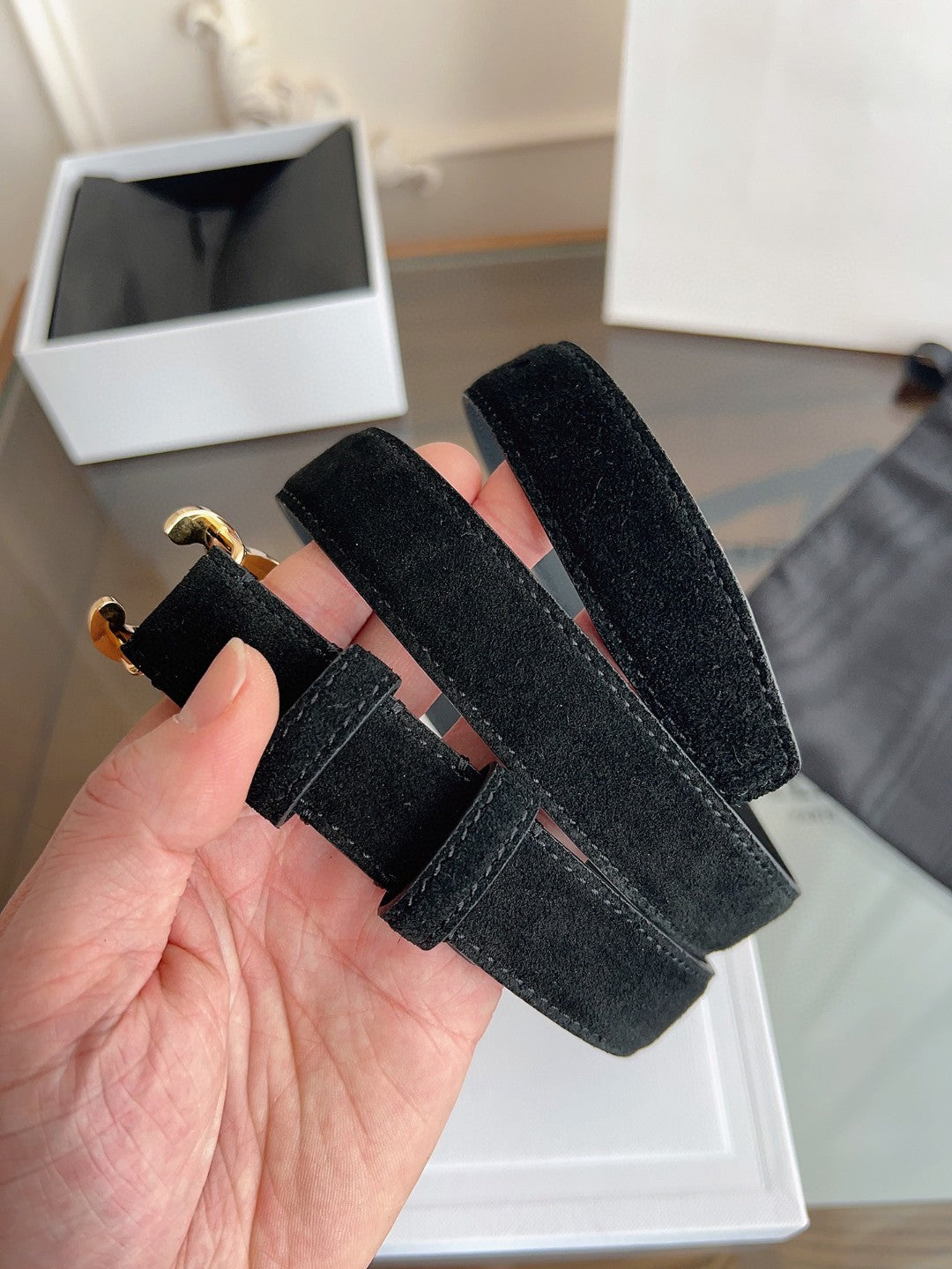 Celine Medium 25mm Triomphe Belt in black taurillon leather with gold finishing