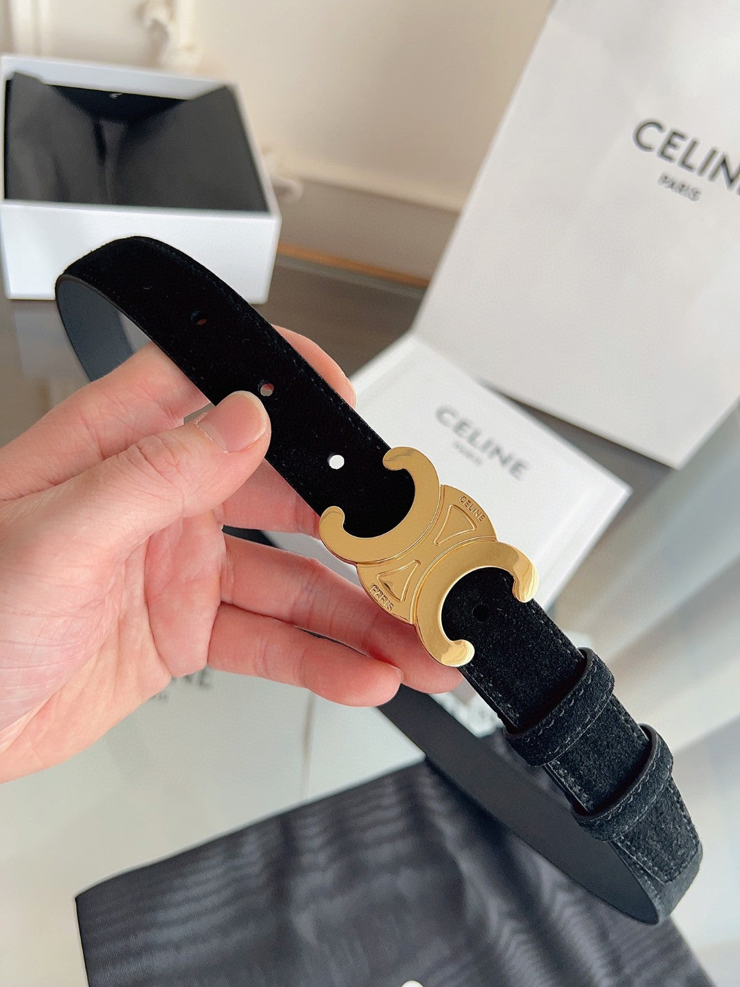 Celine Medium 25mm Triomphe Belt in black taurillon leather with gold finishing