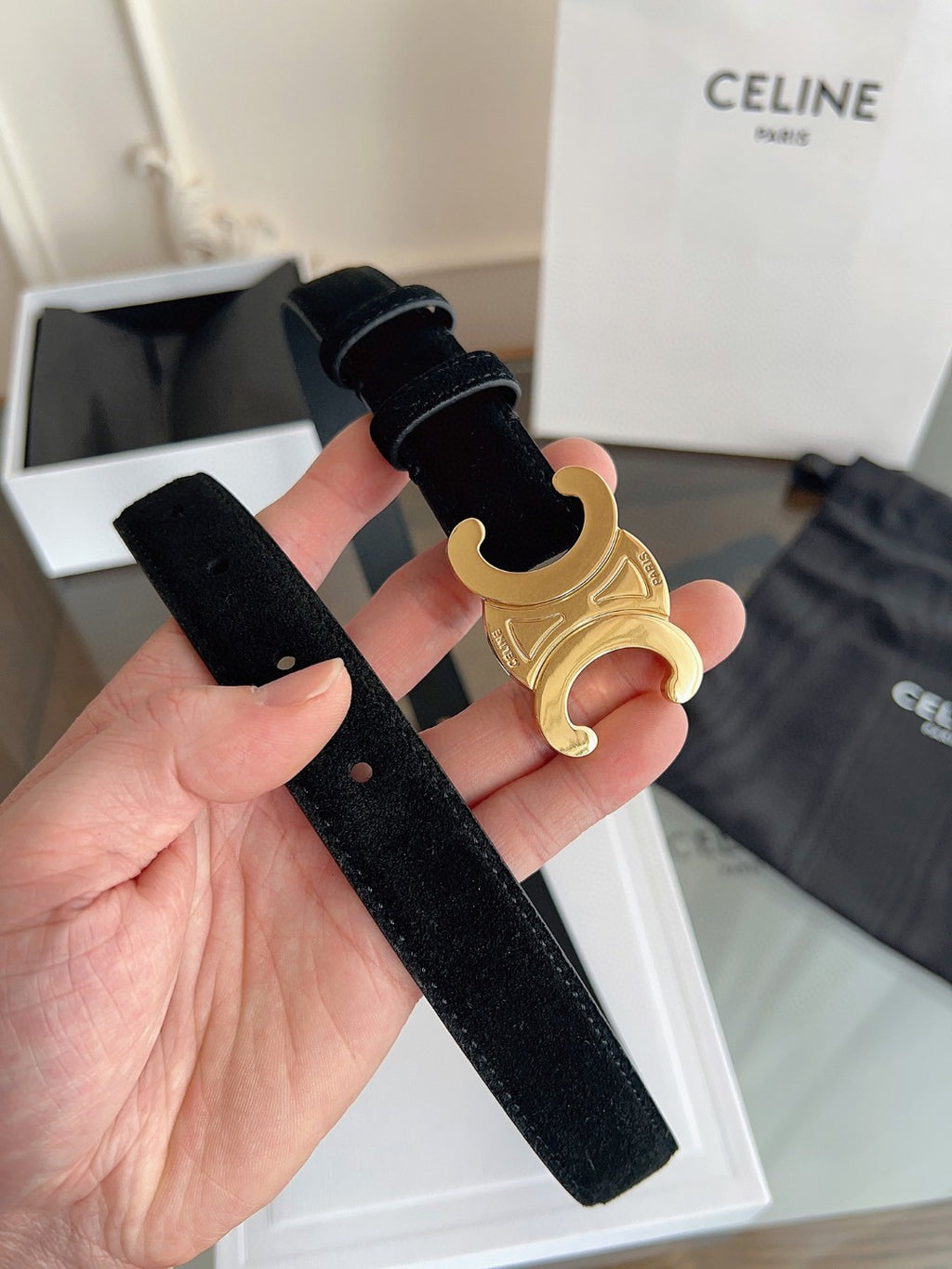 Celine Medium 25mm Triomphe Belt in black taurillon leather with gold finishing