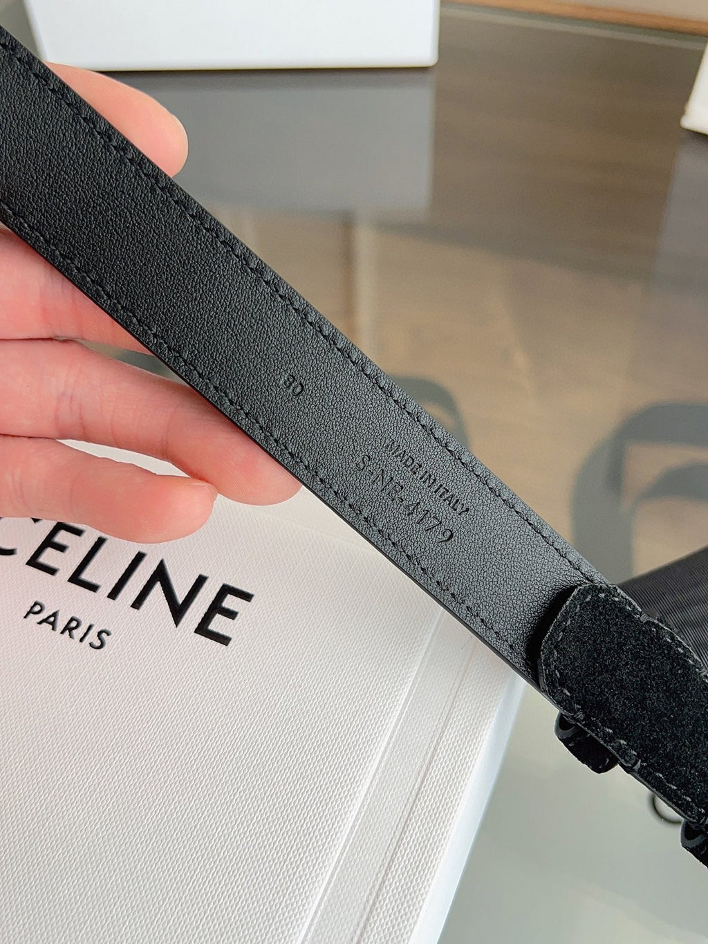 Celine Medium 25mm Triomphe Belt in black taurillon leather with gold finishing