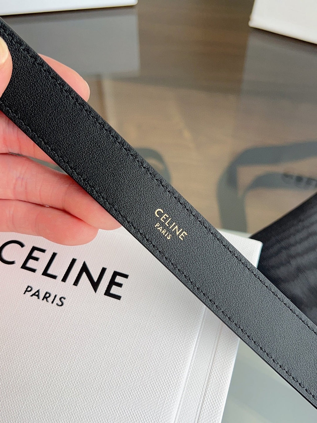 Celine Medium 25mm Triomphe Belt in black taurillon leather with gold finishing