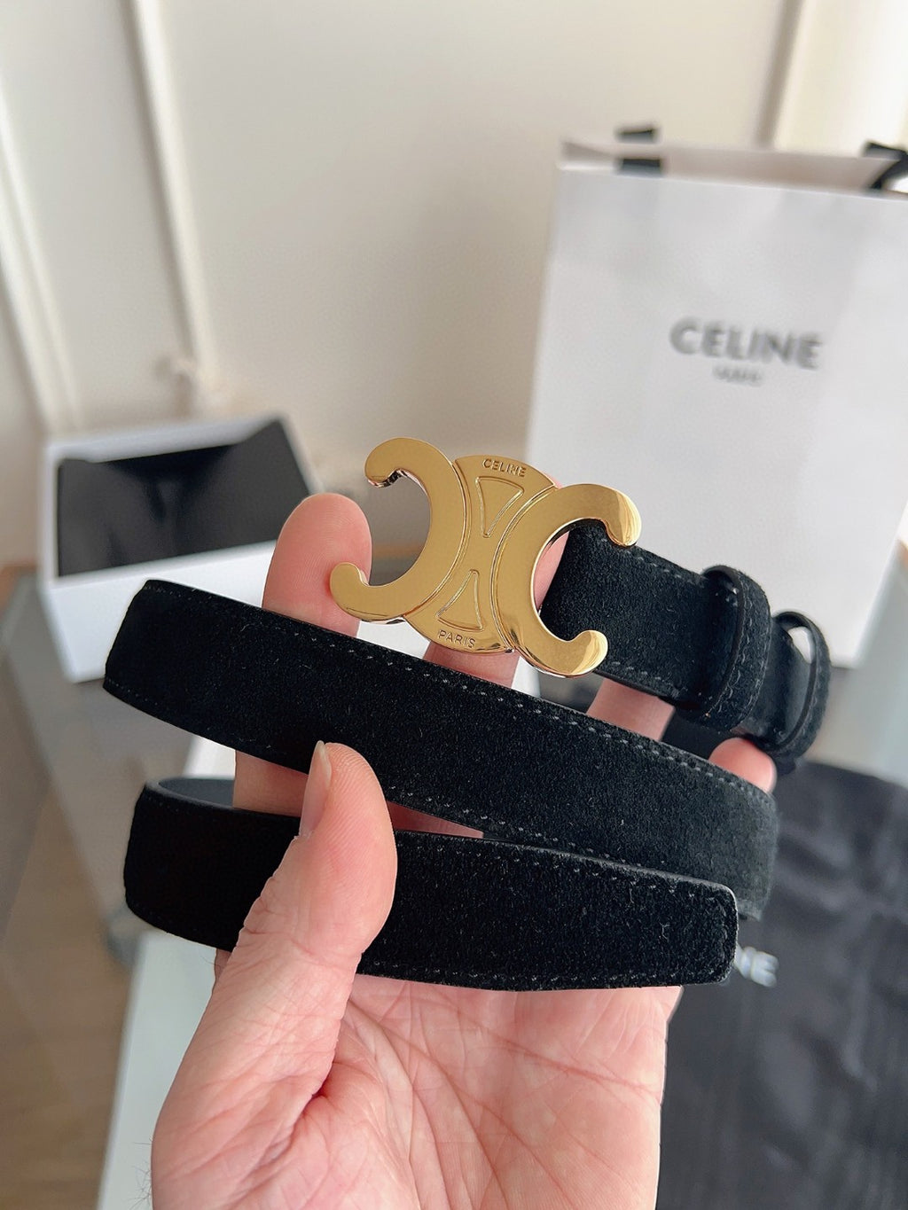 Celine Medium 25mm Triomphe Belt in black taurillon leather with gold finishing