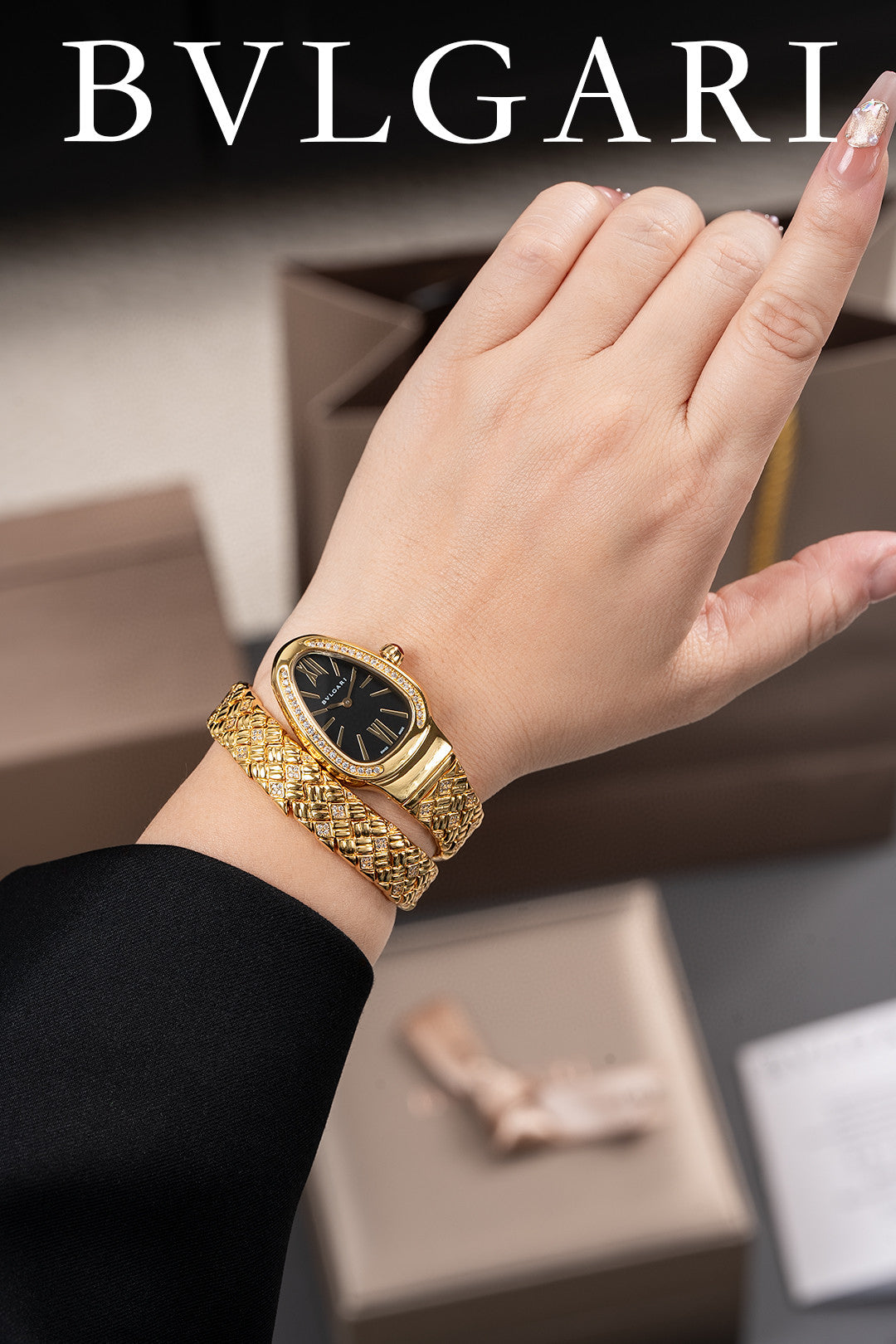 Bulgari Serpenti Spiga single-spiral watch in 18 kt yellow gold and diamond-set bezel