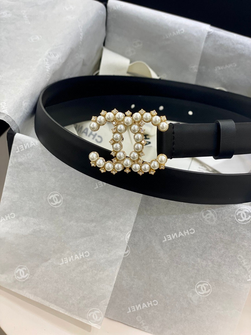 Chanel black leather belt with a pearl and diamante CC buckle