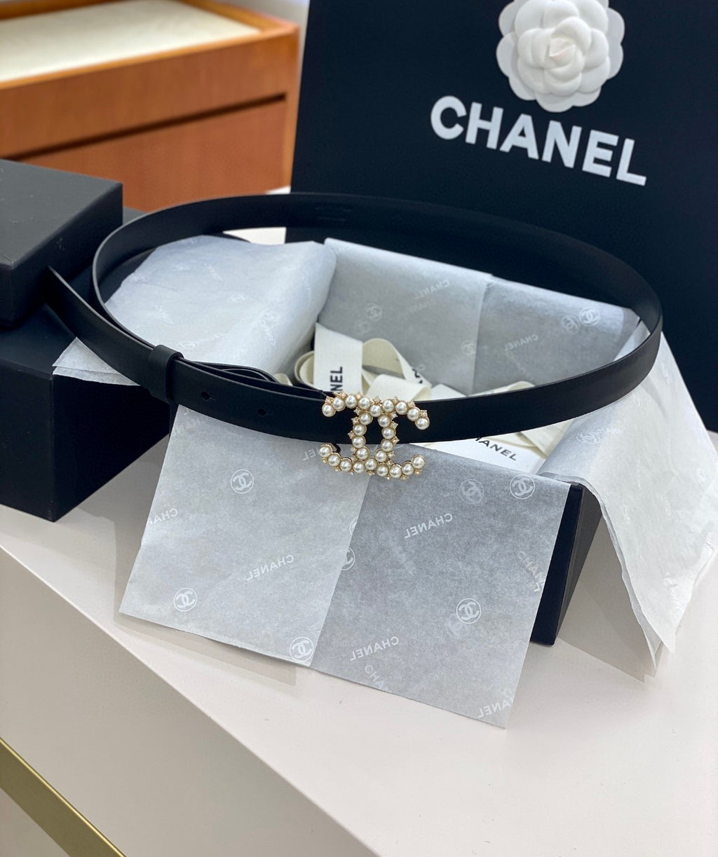 Chanel black leather belt with a pearl and diamante CC buckle