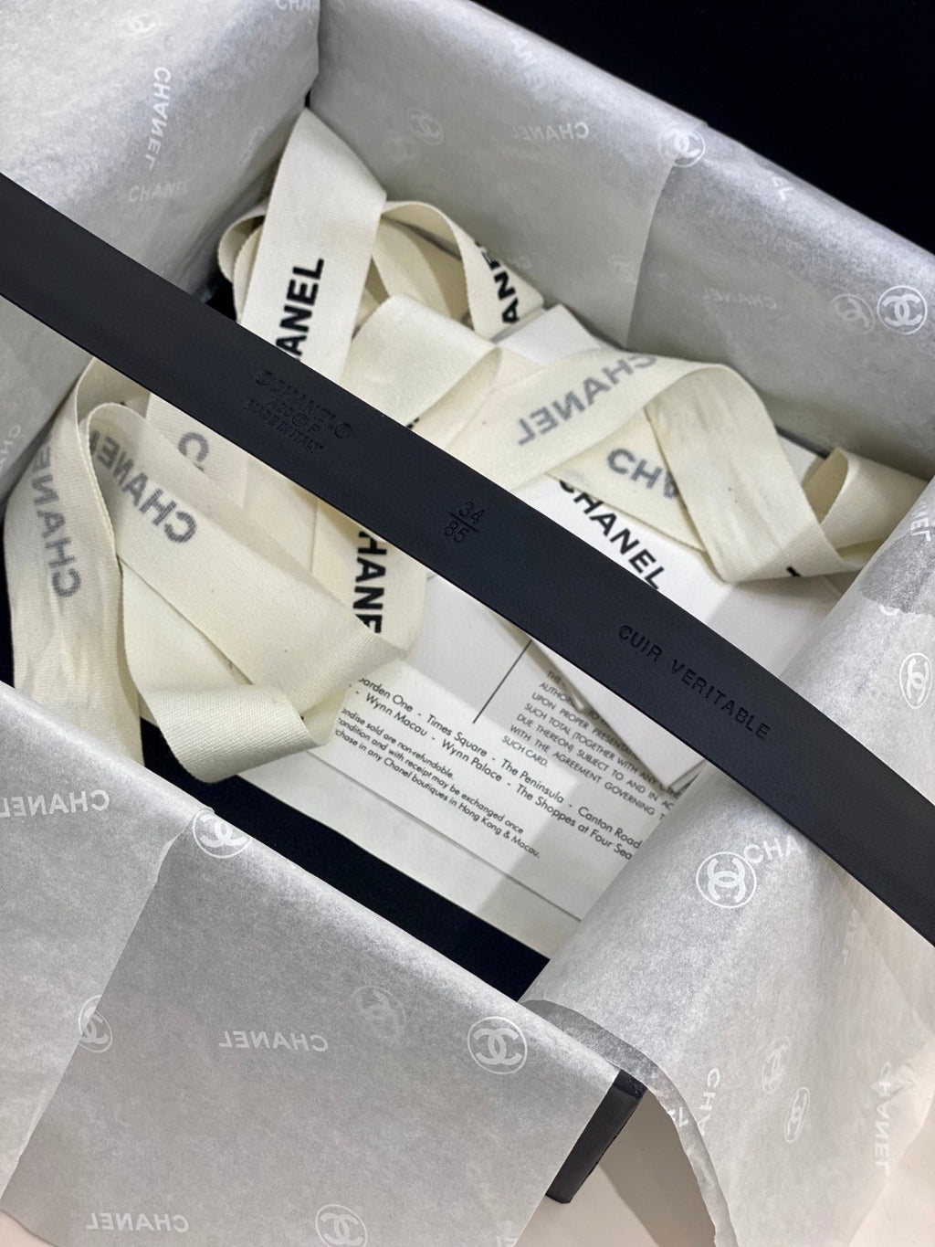 Chanel black leather belt with a pearl and diamante CC buckle