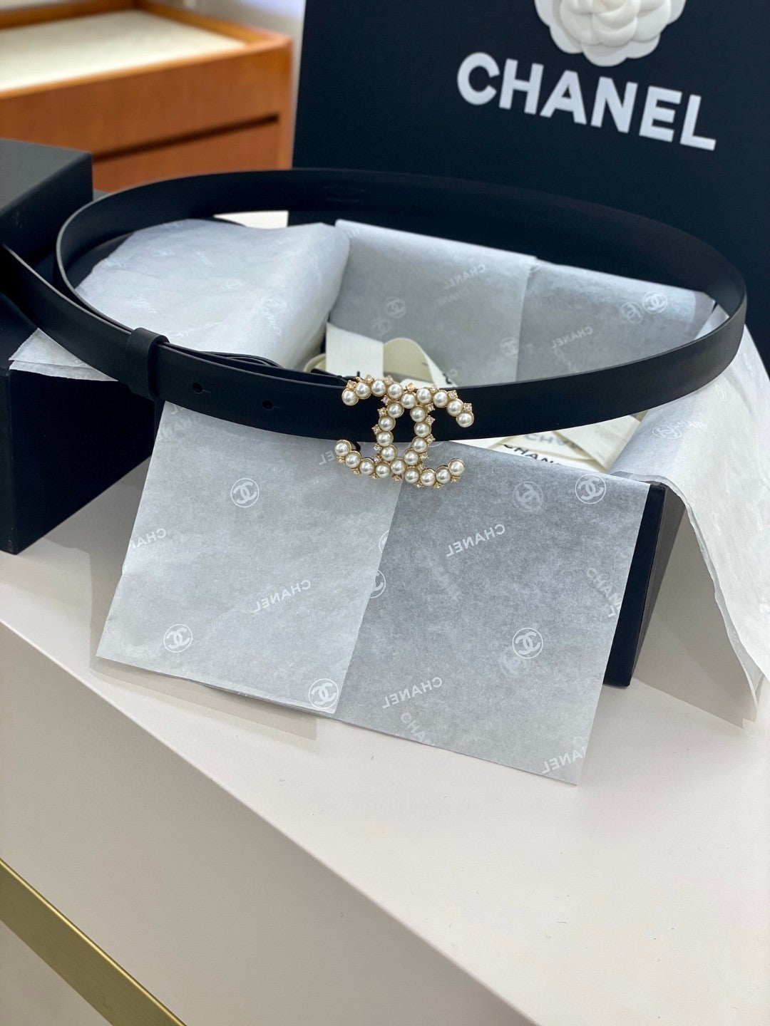 Chanel black leather belt with a pearl and diamante CC buckle