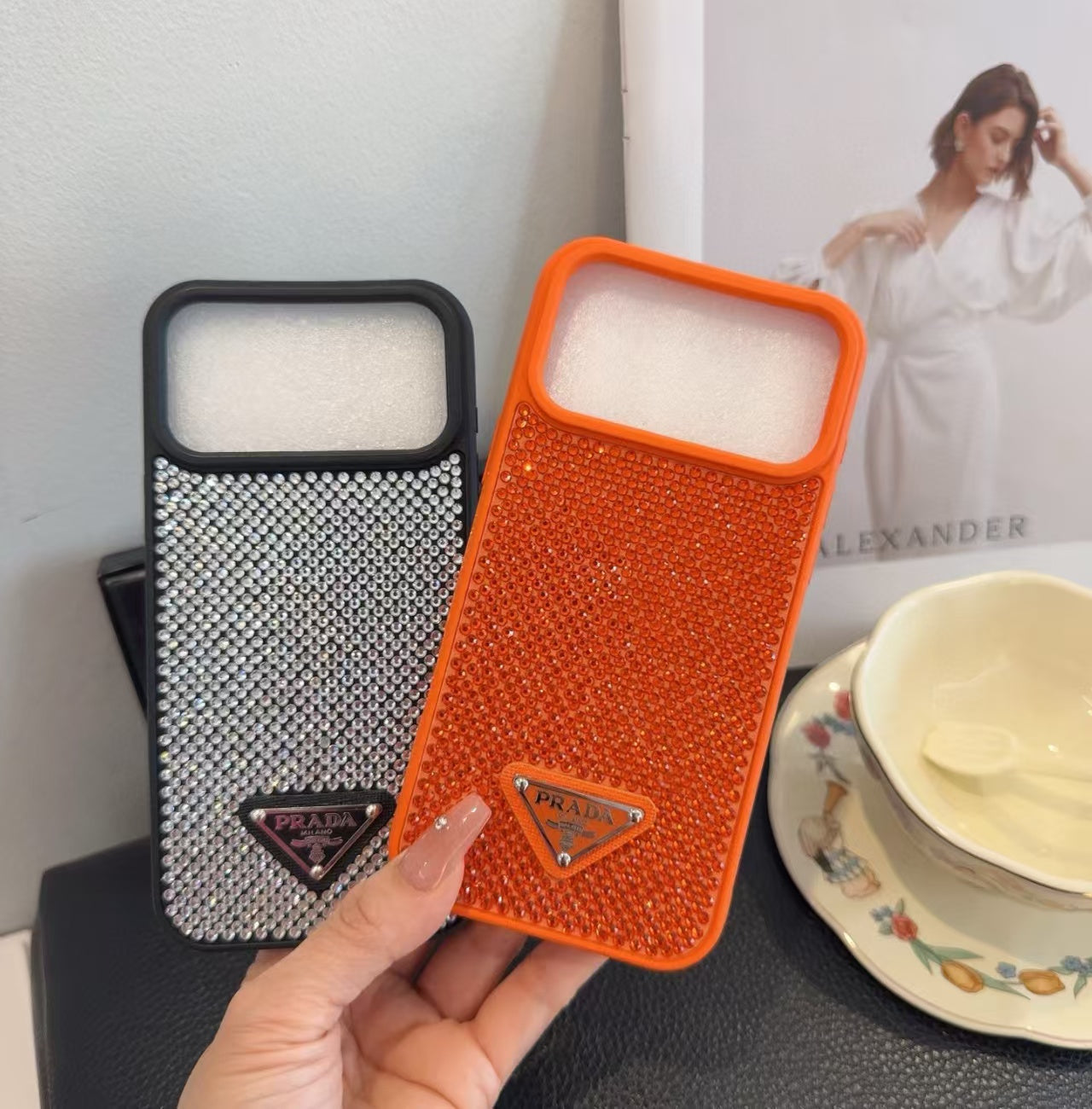 Prada-branded rhinestone-studded phone cases